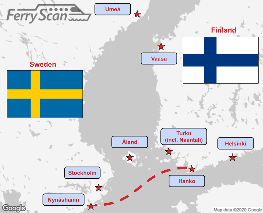 Kartta lauttareitistä Tukholman (Nynäshamn) ja Hangon välillä