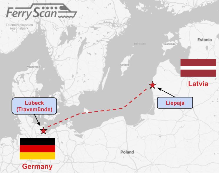 Carte de la traversée du ferry Lübeck-Liepaja.