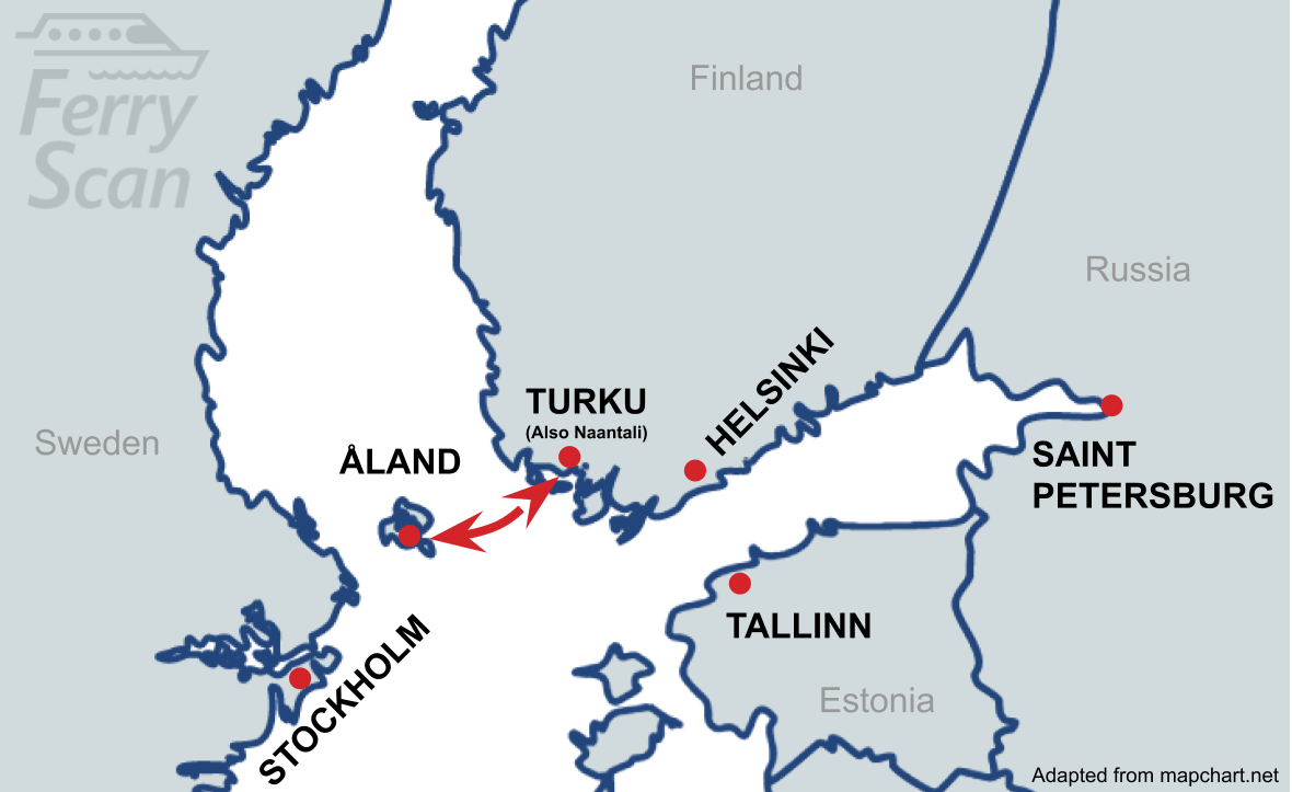 Karta som visar färjelinjen från Åbo till Ålandsöarna