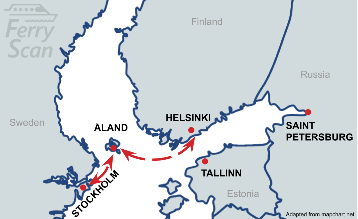 Karta som visar färjelinjen från Helsingfors till Stockholm