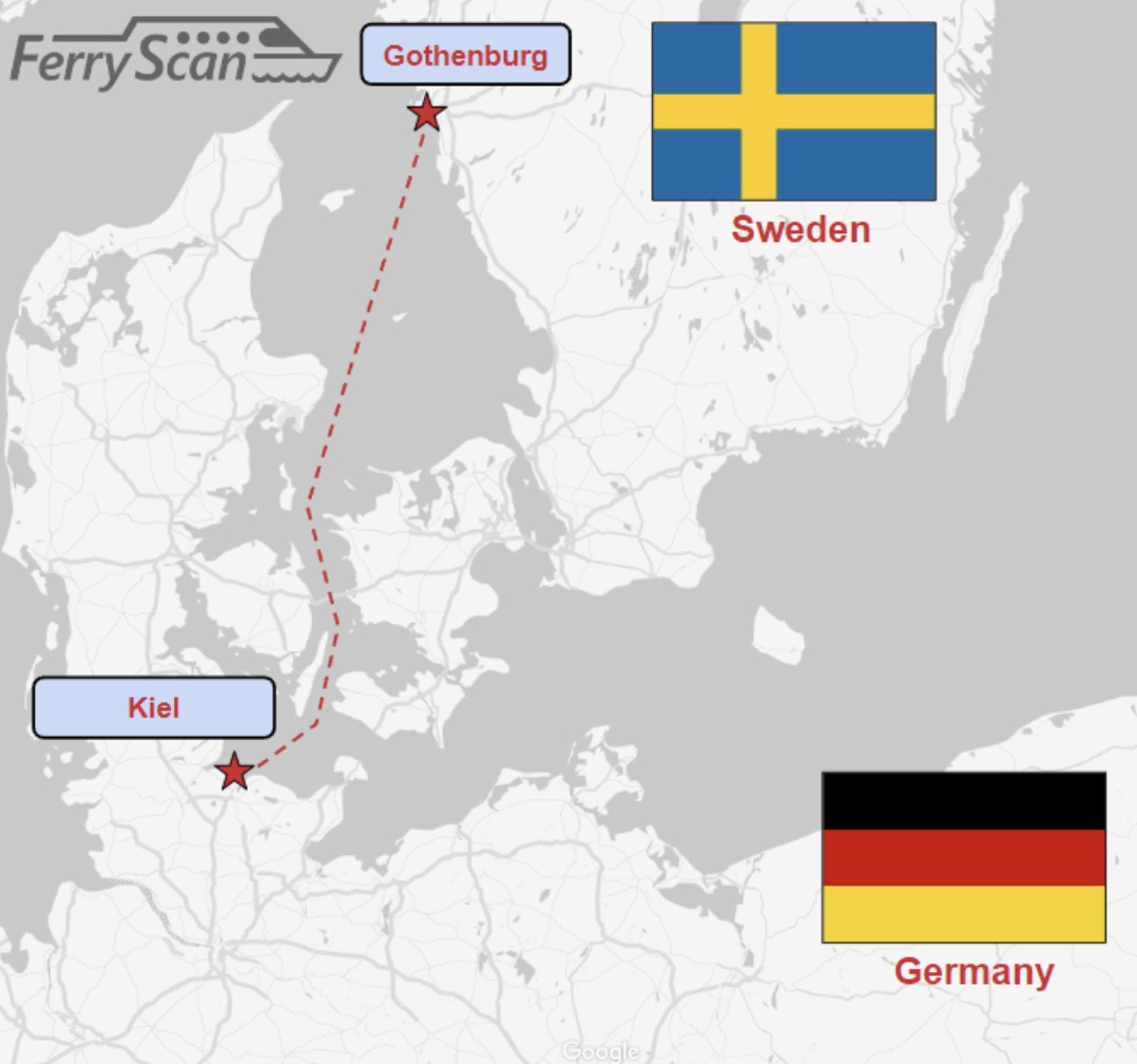 Færgerutekort fra Kiel til Gøteborg