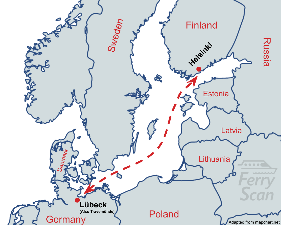 Carte de la traversée du ferry Finnlines Lübeck-Helsinki.