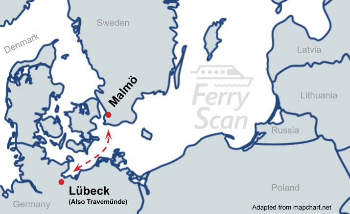 Karta som visar färjelinjen från Malmö till Lübeck
