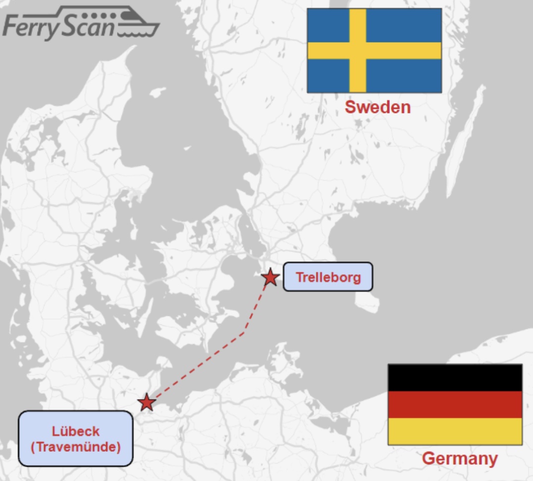 Færgerutekort fra Lübeck til Trelleborg