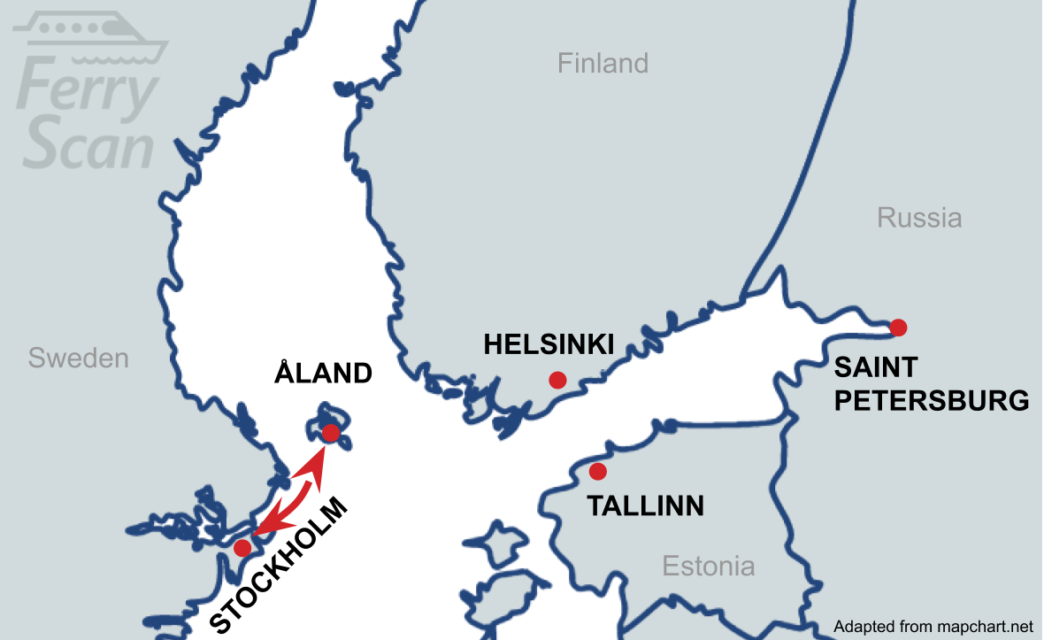 Karta som visar färjelinjen från Stockholm till Ålandsöarna